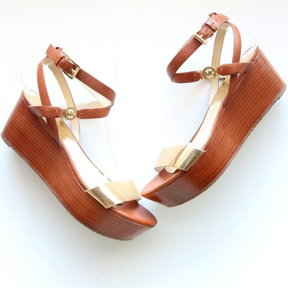 Michael Kors Brown & Gold Platform Wedge Strappy Open Toe Sandals / Summer Shoes - Picture 1 of 16